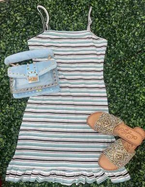 Sage Blue & Black Striped Mini Dress