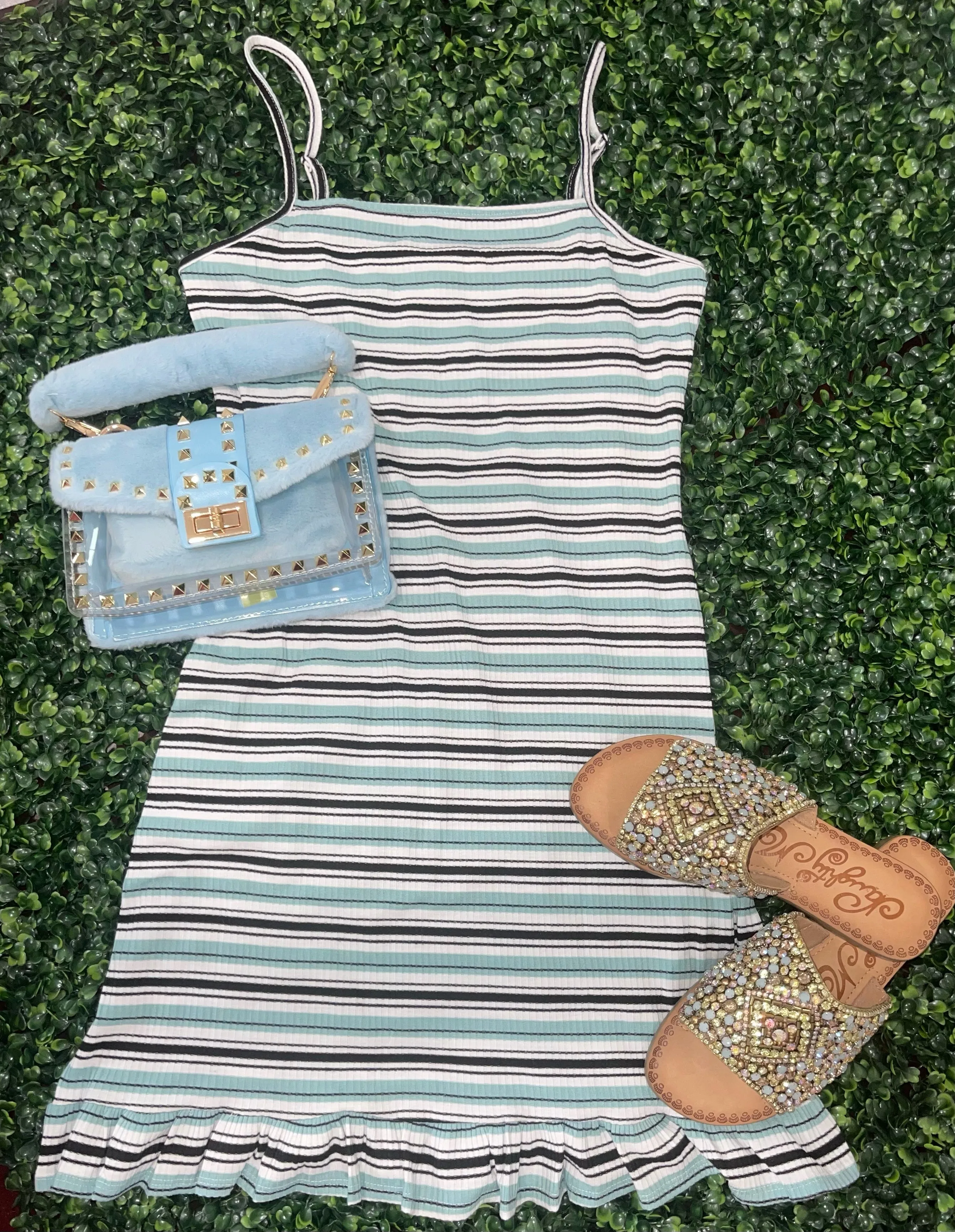 Sage Blue & Black Striped Mini Dress