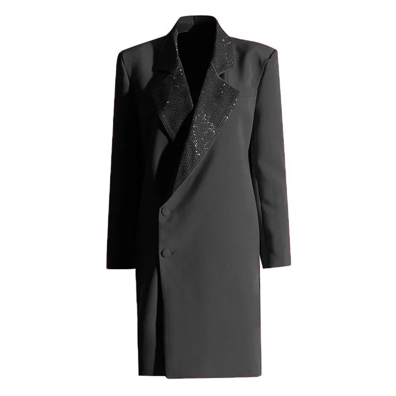 Shimmering Crystal Notch Lapel Padded Long Sleeve Single Breasted Blazer Coat