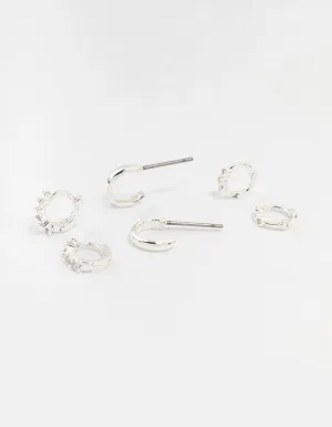 Silver Mixed Diamante Huggie Hoop Earrings 3-Pack
