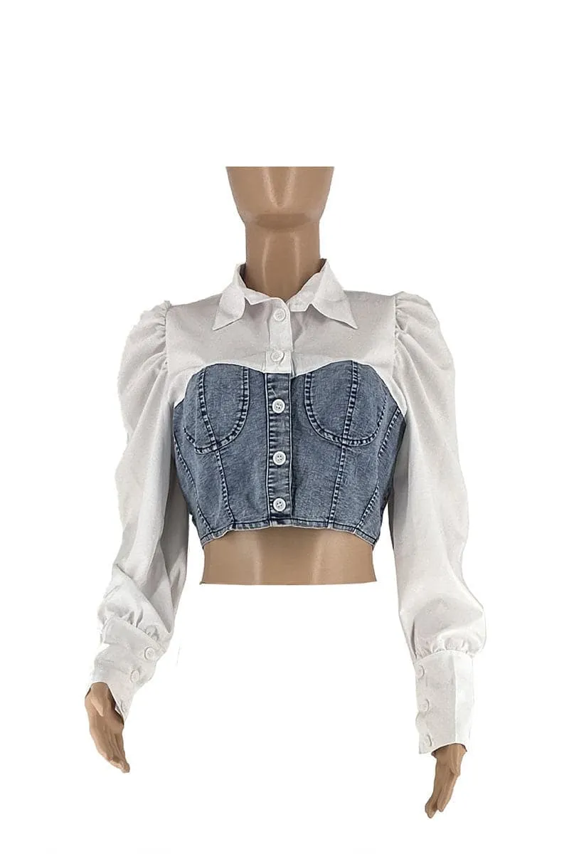 TB255 Denim Mixed Blouse Shirt