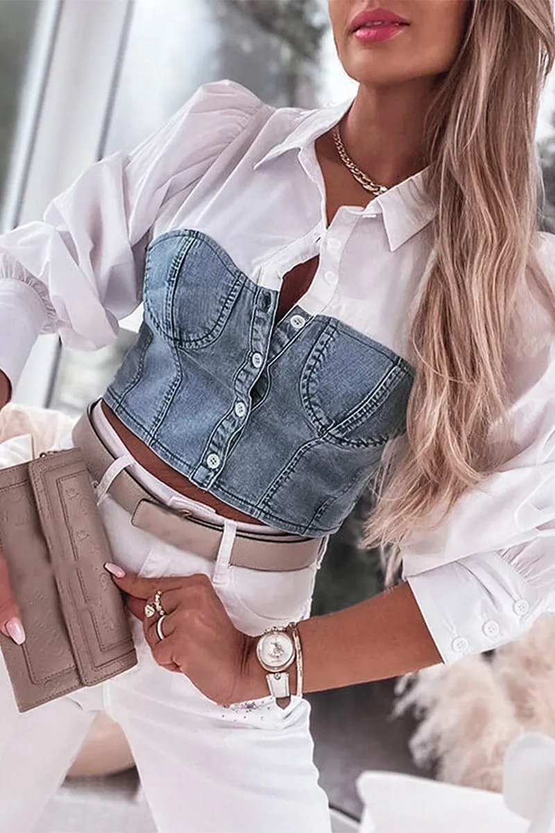 TB255 Denim Mixed Blouse Shirt