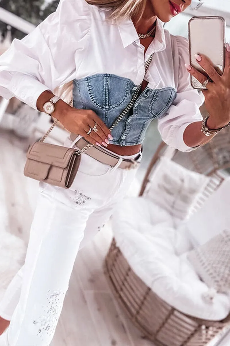TB255 Denim Mixed Blouse Shirt