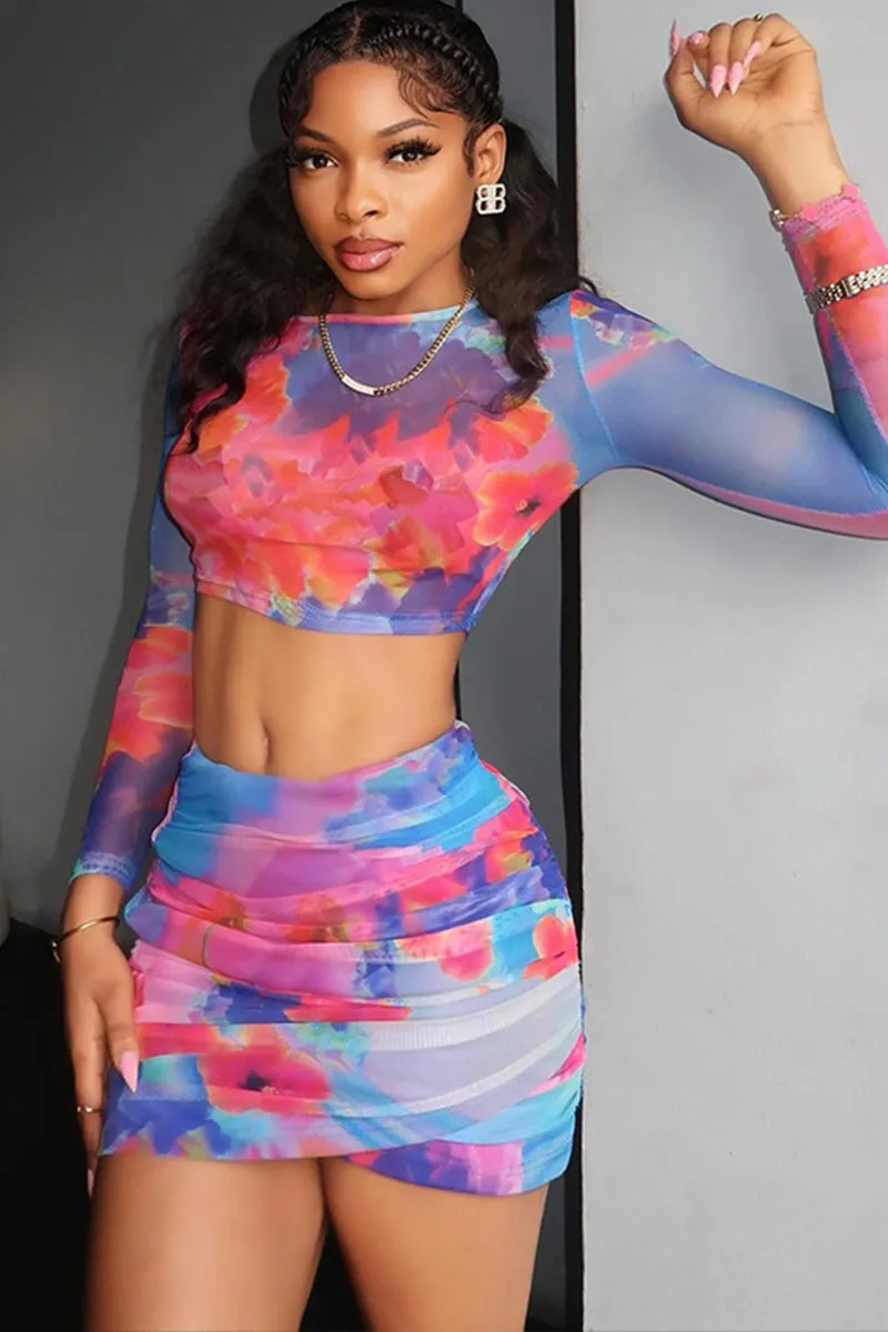 Tie Dye Long Sleeve Crop Ruched Skirt Set