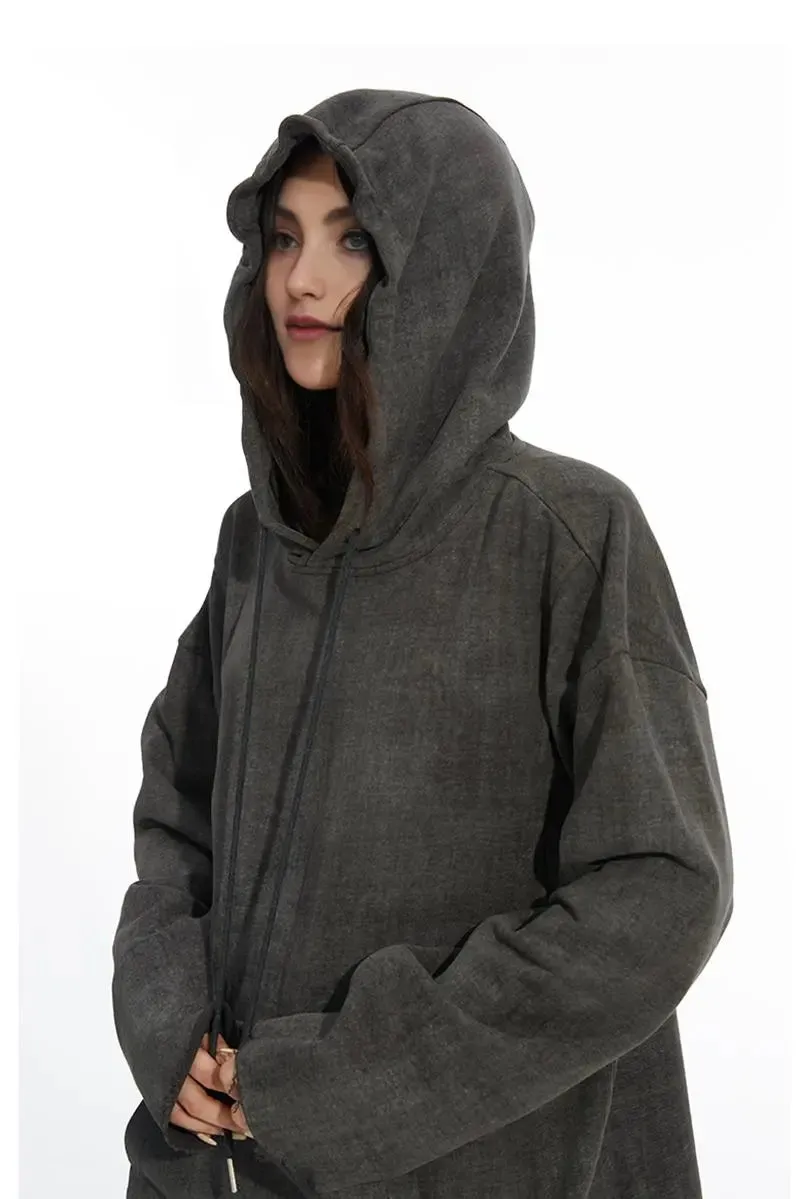 Vintage Oversized Washed Pullover Hoodie with Raw Edge
