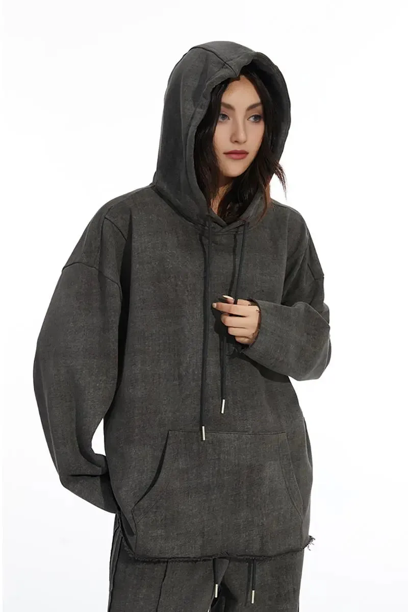 Vintage Oversized Washed Pullover Hoodie with Raw Edge