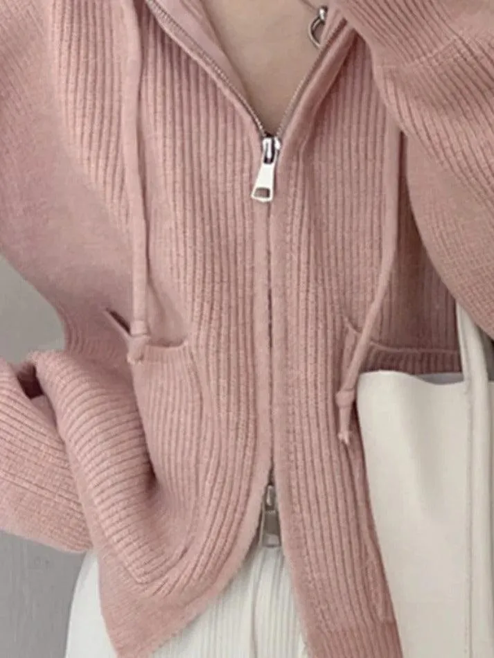 Wenkouban-Spring Casual Outfits Y2K Outfits Solid Double Zip Hooded Cardigan