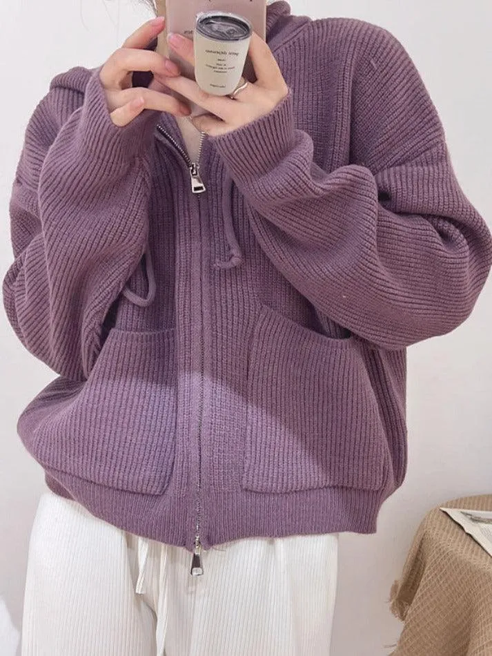 Wenkouban-Spring Casual Outfits Y2K Outfits Solid Double Zip Hooded Cardigan