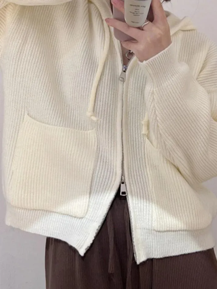 Wenkouban-Spring Casual Outfits Y2K Outfits Solid Double Zip Hooded Cardigan