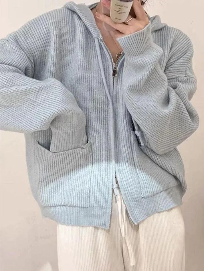 Wenkouban-Spring Casual Outfits Y2K Outfits Solid Double Zip Hooded Cardigan