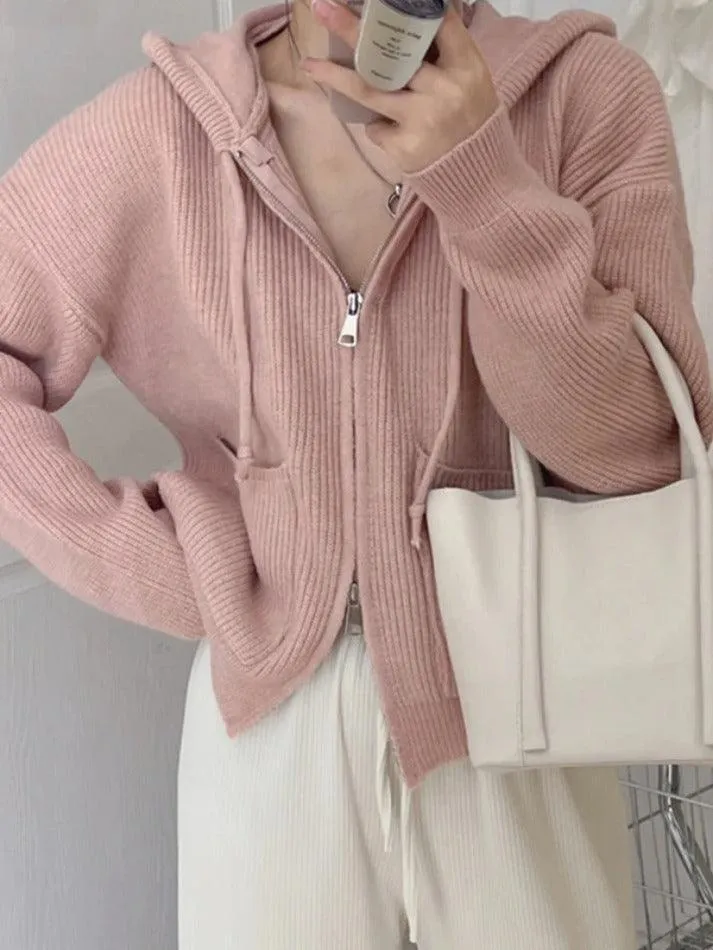 Wenkouban-Spring Casual Outfits Y2K Outfits Solid Double Zip Hooded Cardigan