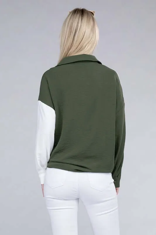 White Green Contrasted Color Block Shirt