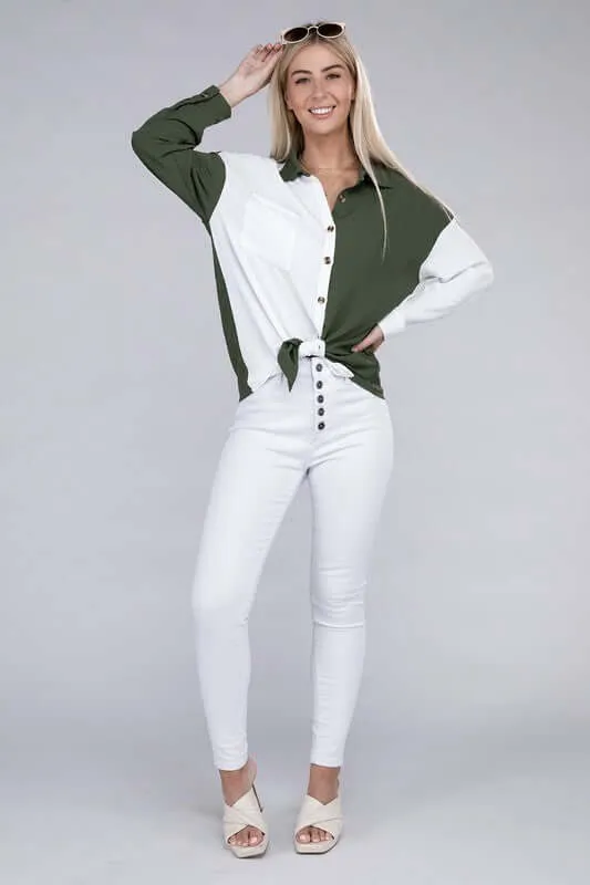 White Green Contrasted Color Block Shirt
