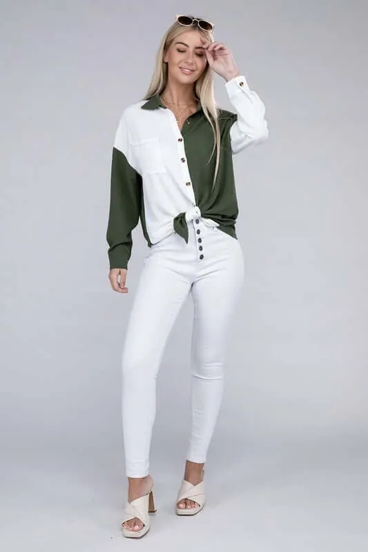 White Green Contrasted Color Block Shirt