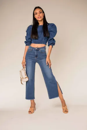 Wholesale Blue Flare Cropped Jeans