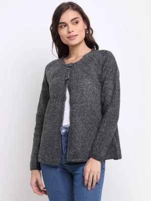 Women Black Round Neck Solid Knitted Regular Fit Cardigan