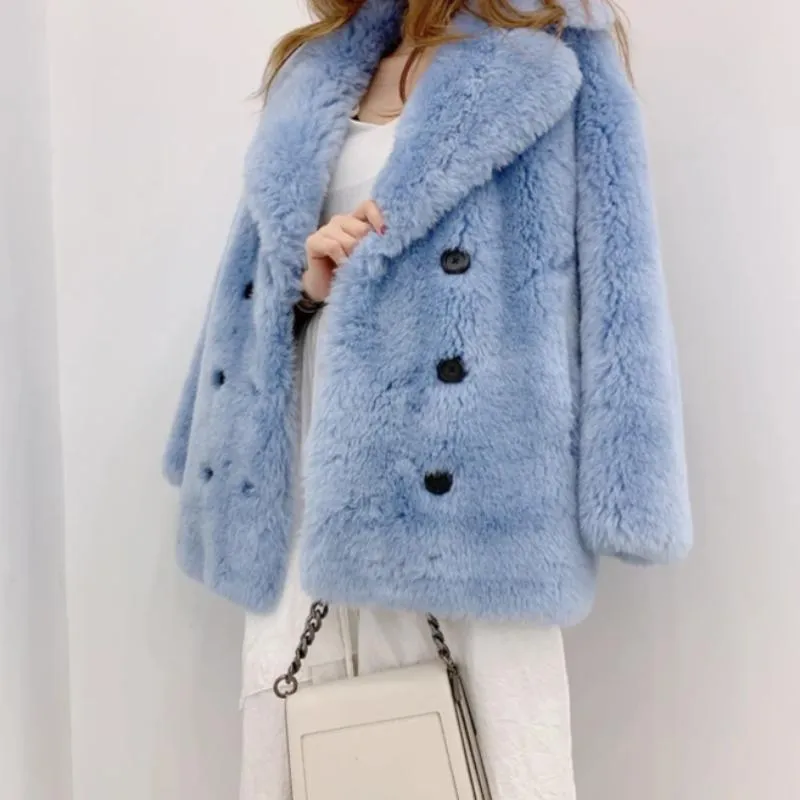 Women's Autumn/Winter V-Neck Sheep Wool Short Coat