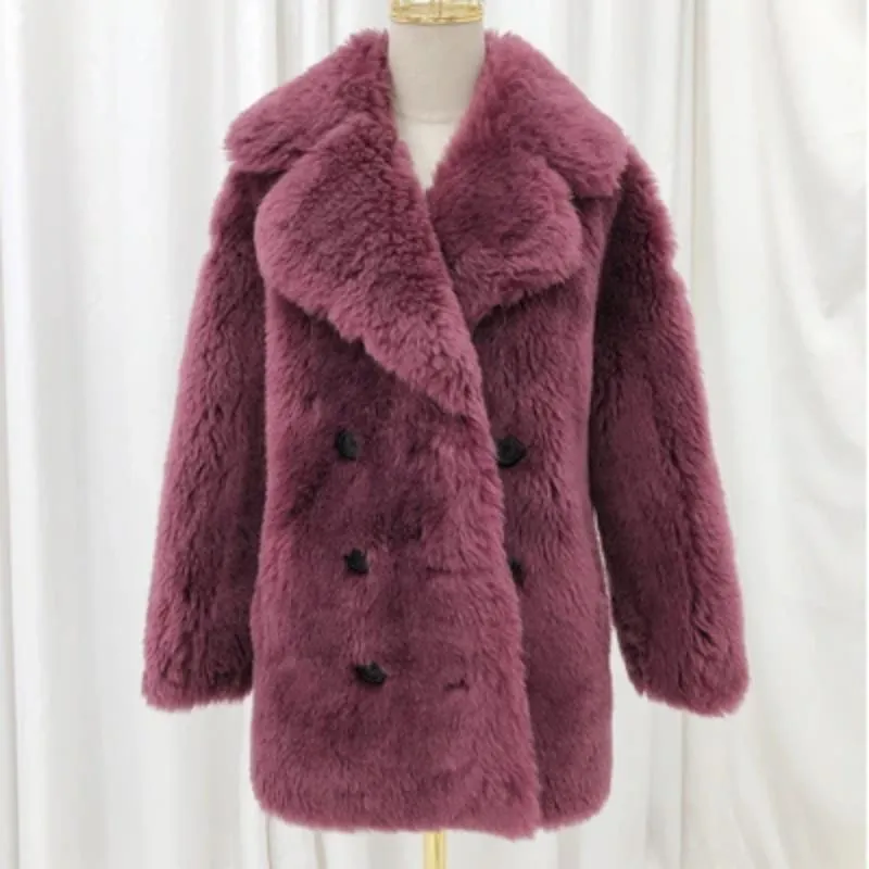 Women's Autumn/Winter V-Neck Sheep Wool Short Coat