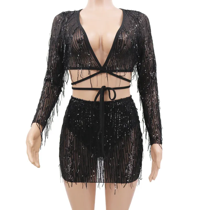 Women's Summer Sheath V-Neck Two-Piece Dress With Tassels