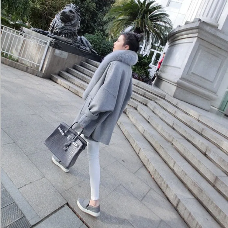 Women's Winter Cashmere Loose Thick Coat With Fox Fur