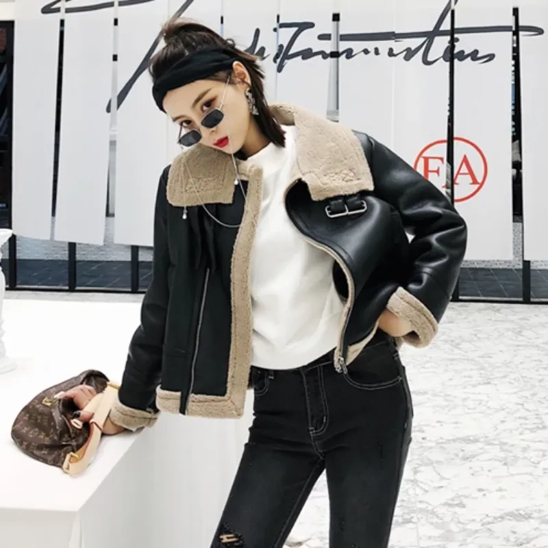 Women's Winter Warm PU Leather Short Coat With Fur