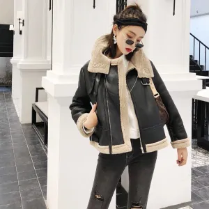 Women's Winter Warm PU Leather Short Coat With Fur