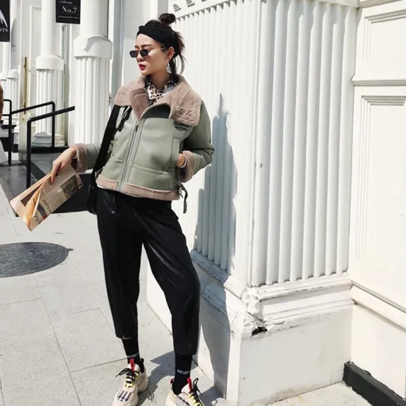 Women's Winter Warm PU Leather Short Coat With Fur