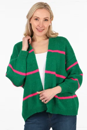 Wool Blend Open Front Cardigan Thin Stripes in Green and Fuchsia