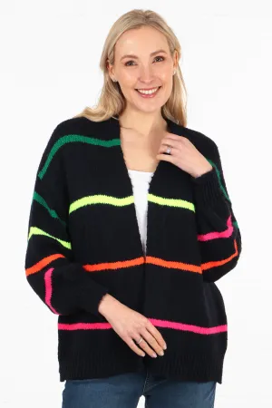 Wool Blend Open Front Cardigan Thin Stripes in Navy Blue and Multi Colour