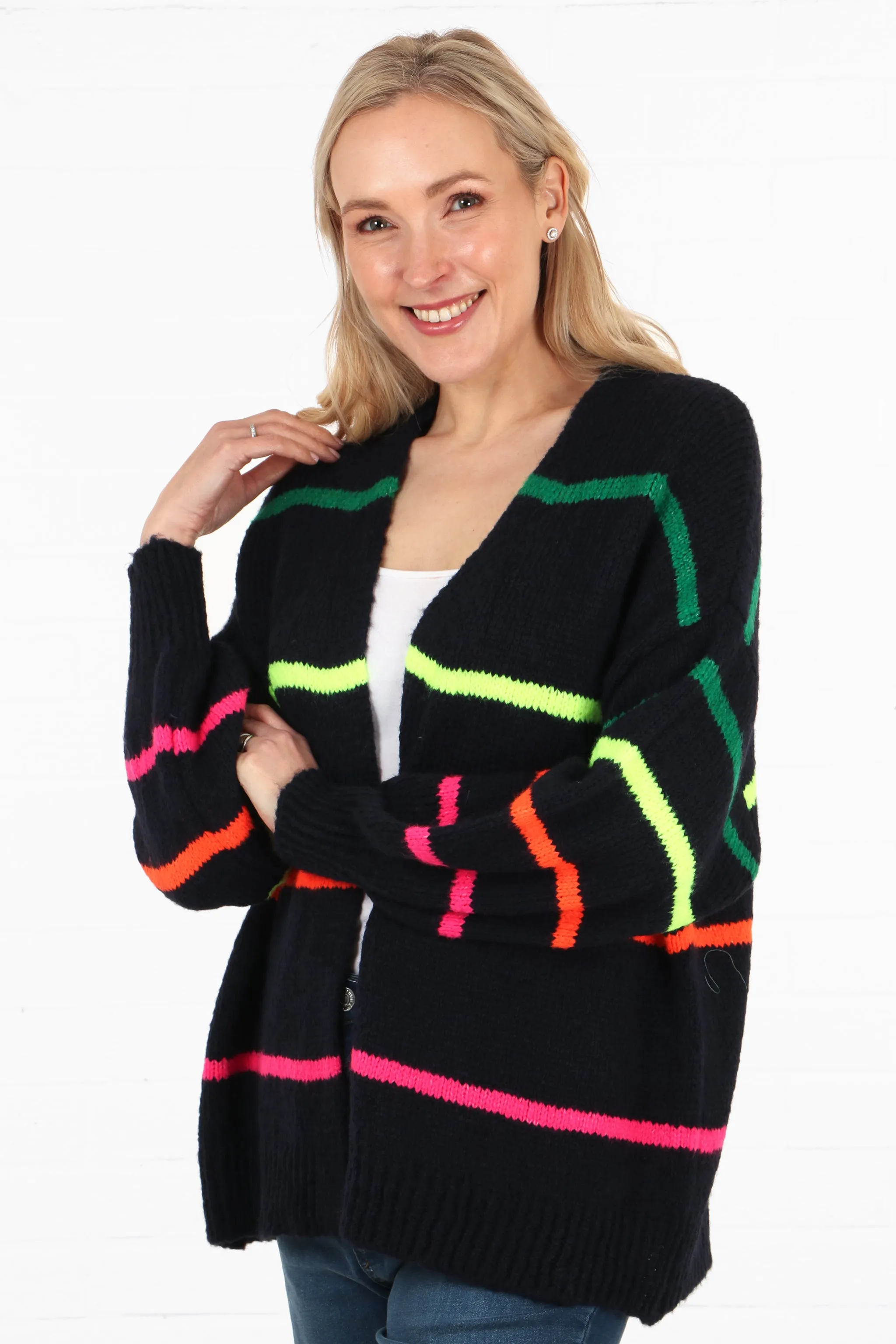 Wool Blend Open Front Cardigan Thin Stripes in Navy Blue and Multi Colour