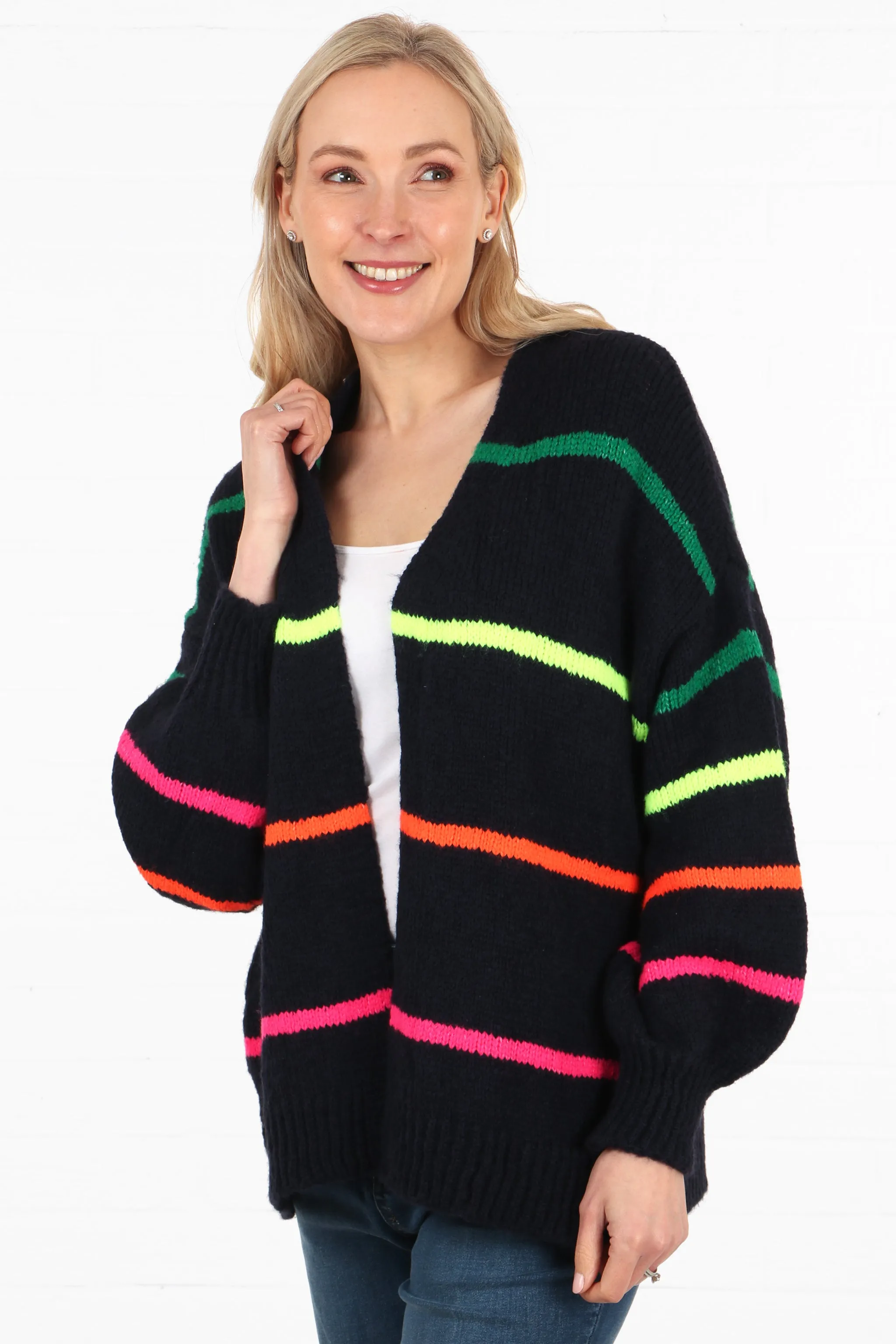 Wool Blend Open Front Cardigan Thin Stripes in Navy Blue and Multi Colour