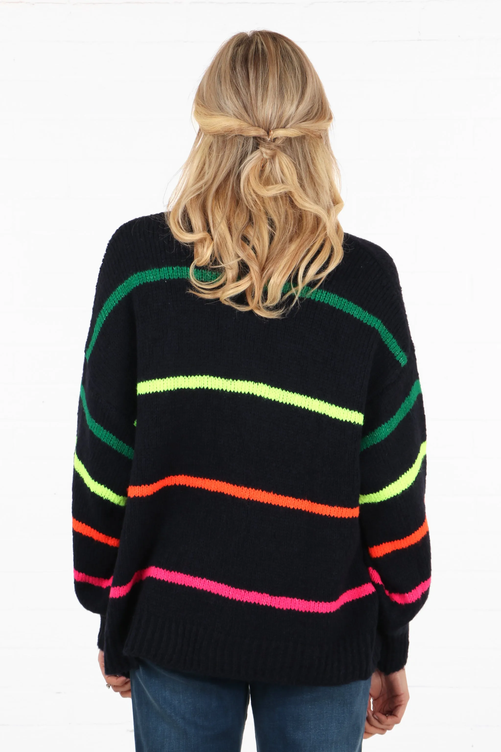 Wool Blend Open Front Cardigan Thin Stripes in Navy Blue and Multi Colour