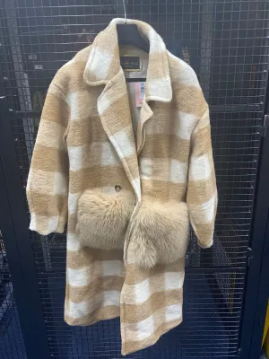 Wool Coat with Fox Fur Pockets in Beige  White CHECKED Print - AWL4004