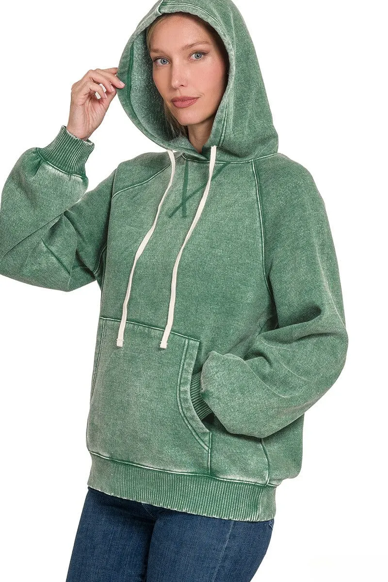 Zenana Acid Wash Fleece Hoodie with Pockets