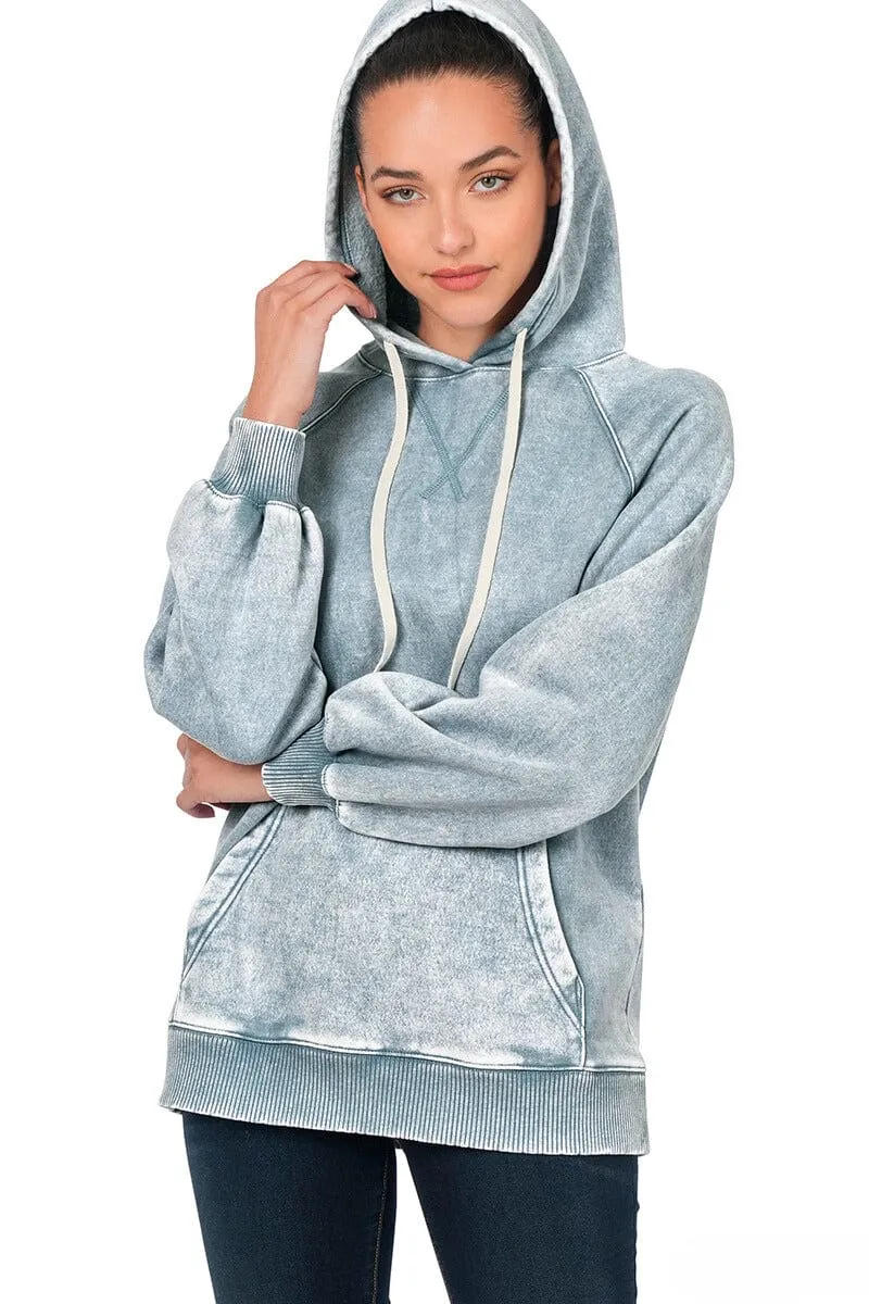 Zenana Acid Wash Fleece Hoodie with Pockets
